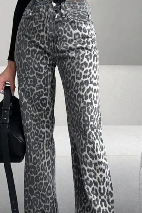 Leopar Desenli Kot Palazzo Pantolon